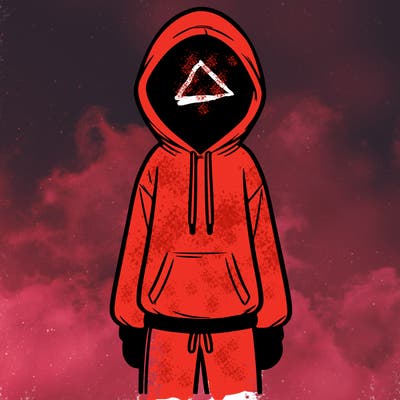 faceless girl in a tracksuit with a hood on and no hair