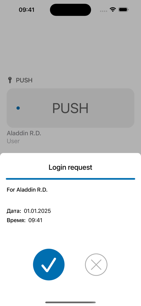 Aladdin 2FA app login request screen showing push authentication approval interface