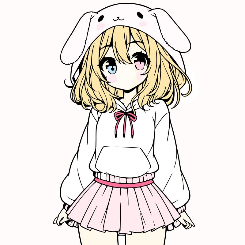 pretty anime girl wearing a fluffy hoodie with bunny ears on the hood and a skirt