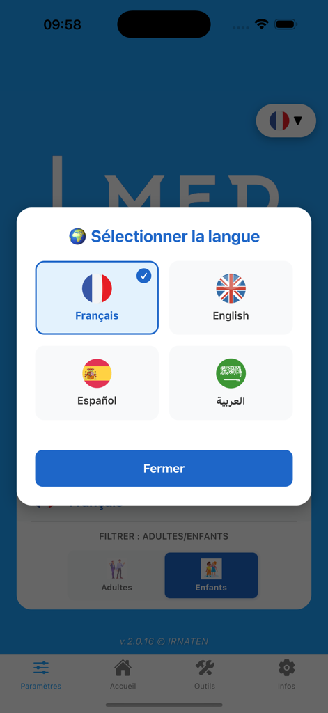 Lmed Taqbaylit - Language selection screen in Lmed Taqbaylit app with English French Spanish and Arabic options
