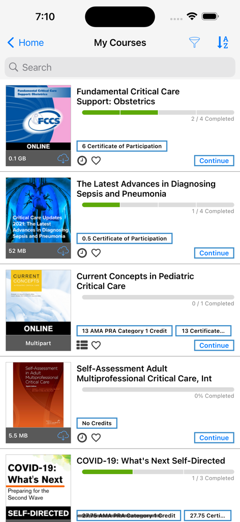 Learn ICU - A list of medical education courses on the Learn ICU app showing progress bars and CME credit information