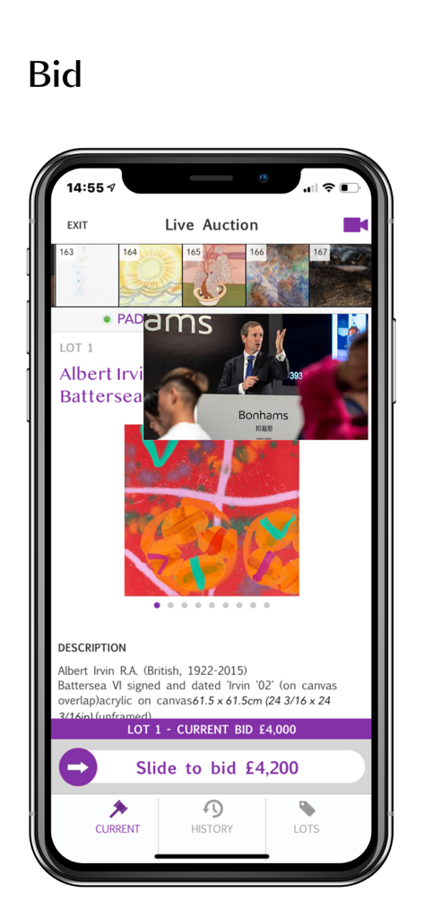 Bonhams - A smartphone screen showing the Bonhams app live auction interface with a video feed of an auctioneer and a slide to bid button for a fine art lot