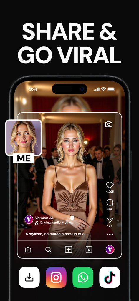 Interface do aplicativo Version AI exibindo uma foto gerada por IA de uma mulher em um tapete vermelho com opções de compartilhamento em redes sociais.