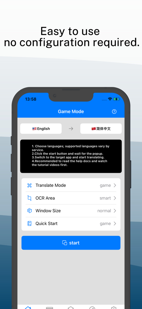 iTranscreen-Screen Translator - Interfaz de la aplicación iTranscreen mostrando la configuración del modo de juego para traducción de pantalla en tiempo real