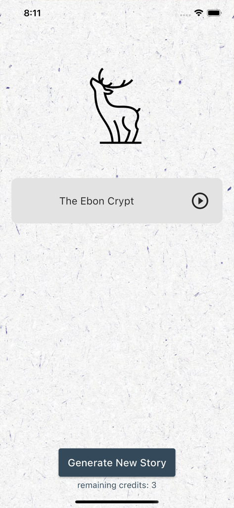 Dashboard principale dell'app Romanzi AI che mostra una storia salvata intitolata The Ebon Crypt e un pulsante Genera nuova storia.