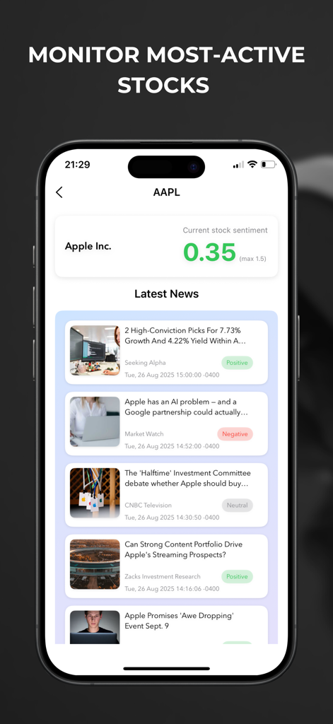 Finnext: AI Stock Forecasts - Finnext app interface showing Apple stock sentiment analysis and latest market news feed