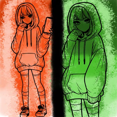 realistic girl who looks tired and is wearing an oversized hoodie and knee high socks and is holding a phone