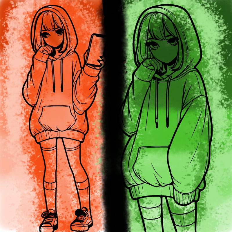 realistic girl who looks tired and is wearing an oversized hoodie and knee high socks and is holding a phone