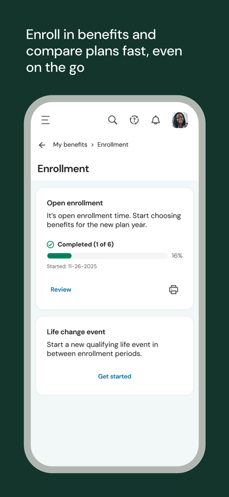 Interfaccia dell'app mobile UKG Ready per l'iscrizione ai benefit dei dipendenti e il confronto dei piani