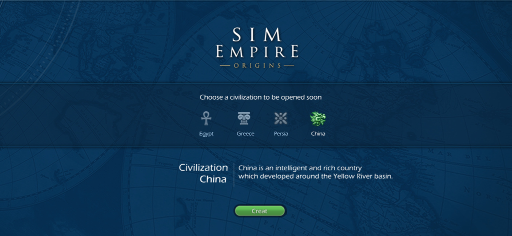 Sim Empire Origins civilization selection menu featuring options for Egypt Greece Persia and China