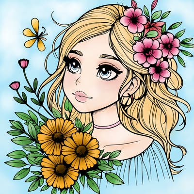 realistic girl with flowers