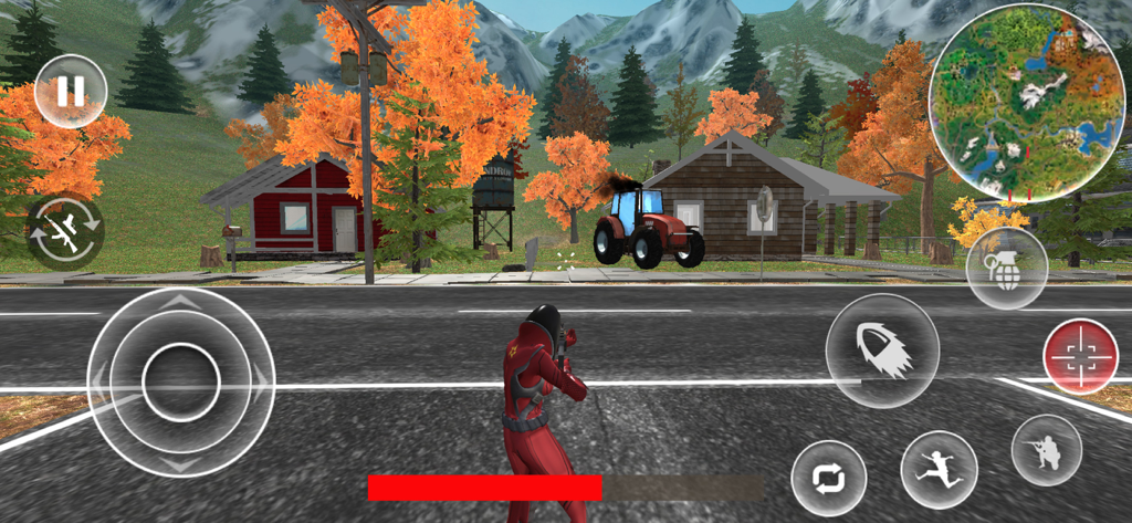 Fight Fort Epic Battle Royale - Third person shooter gameplay in Fight Fort Epic Battle Royale featuring a character in a red suit near suburban houses