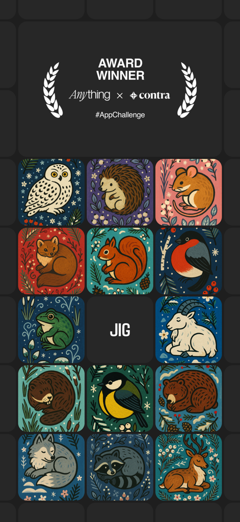 JIG Puzzle app award winner screen displaying a grid of colorful handcrafted animal icons