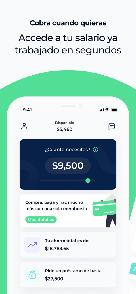 Minu app interface showing earned wage access and savings dashboard in Spanish