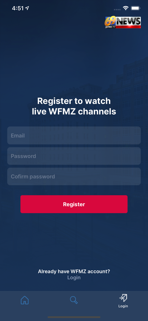 Registration screen for the WFMZ Plus streaming app featuring 69 News logo