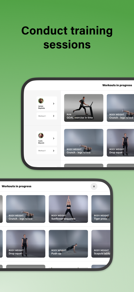 Mywellness for Professionals - A mobile interface for personal trainers to manage and conduct real-time training sessions with exercise video previews.