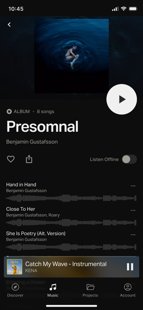 Musicbed app interface showing the Presomnal album by Benjamin Gustafsson with a list of songs and audio waveforms