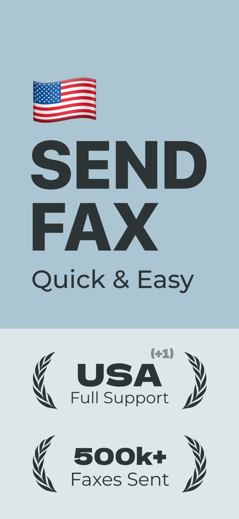 Banner promocional de la aplicación FAX Online destacando el soporte completo para EE. UU. y más de 500.000 faxes enviados