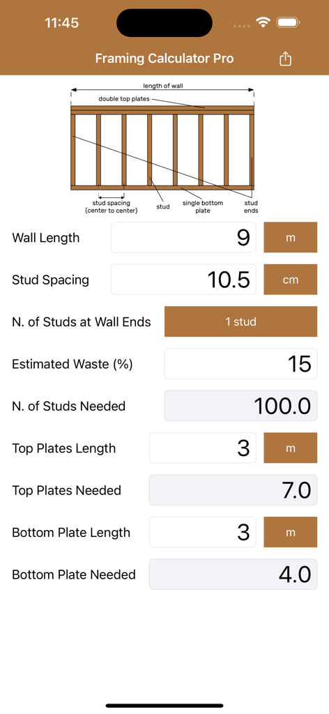 Interface of the Framing Calculator Pro app showing wall framing estimation inputs and a diagram