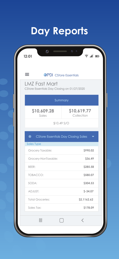 CStore Essentials - CStore Essentials Mobile App zeigt eine Tagesabschlussberichtzusammenfassung mit Verkaufs- und Erfassungsdaten für ein Einzelhandelsgeschäft.