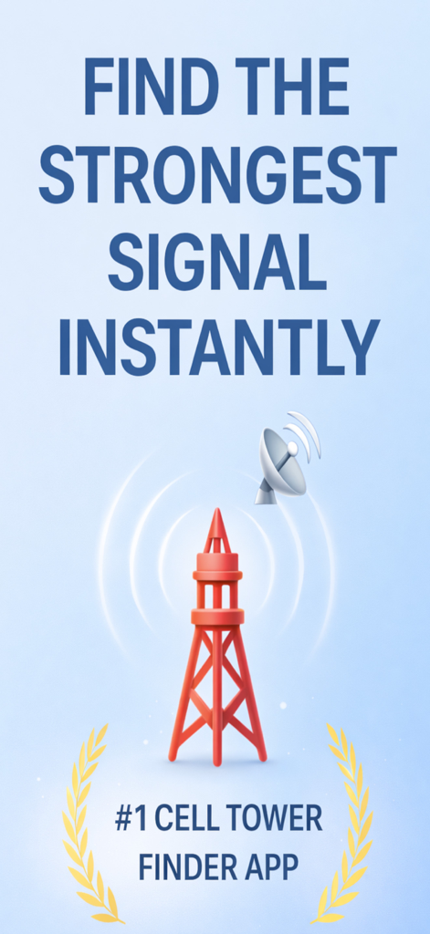Cell Tower – Signal Finder 5G - Promotional banner for Cell Tower Signal Finder 5G app displaying a cell tower icon and signal strength features