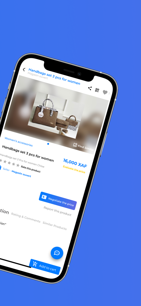 ShoppyMS: Shop Near You - Interfaz de la aplicación móvil ShoppyMS que muestra un juego de tres bolsos a la venta con un botón de negociación de precios