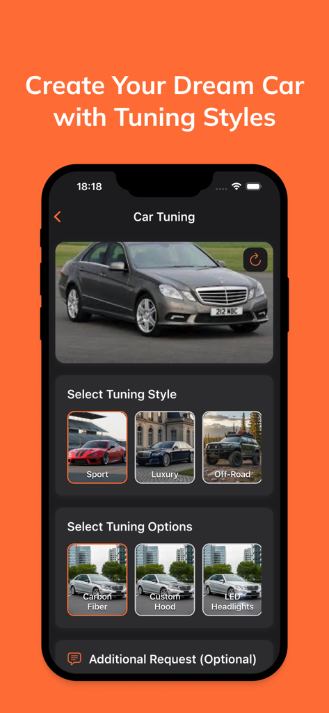 Tuning App: Ai Car Designer - Mobile app interface of Tuning App Ai Car Designer showing style and tuning options for a grey sedan