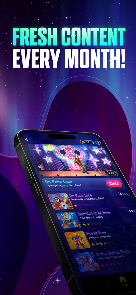 Just Dance Now - Un smartphone affichant l'interface de sélection des chansons de l'application Just Dance Now avec une bannière de mise à jour mensuelle du contenu.