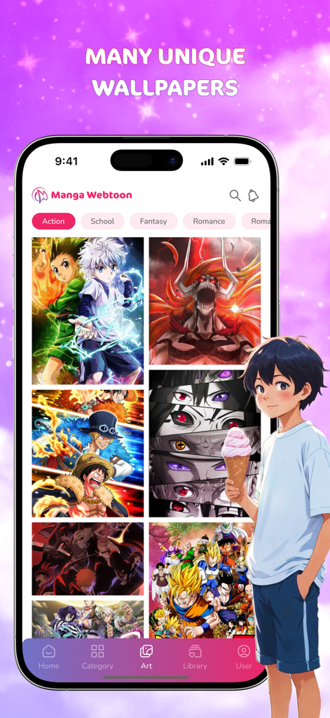 Manga Webtoon: Endless Stories - Manga Webtoon app interface showing a selection of unique anime and manga wallpapers for phone personalization