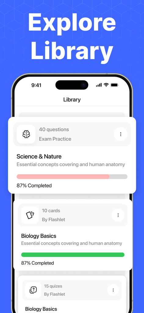 Quiz Maker and AI Flashcards - 과학 및 생물학 플래시카드와 퀴즈 진행률 표시줄이 있는 학습 라이브러리를 보여주는 모바일 앱 인터페이스