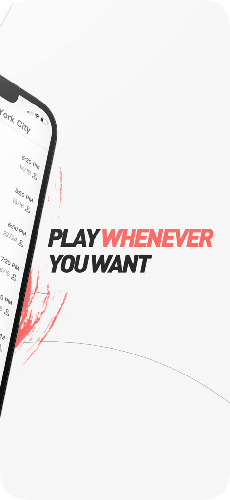 GoodRec - 「いつでも好きな時にプレイ」というスローガンが表示された、GoodRecアプリのスケジュールを表示する携帯電話