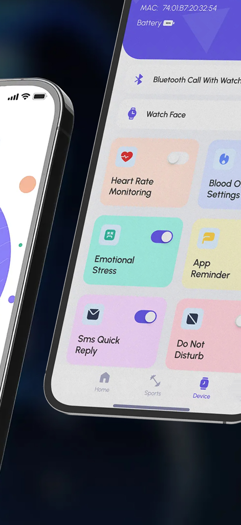 Watch Sync App - BT Smartwatch - Tableau de bord de l'application Watch Sync avec des contrôles de surveillance de la santé et de notification.