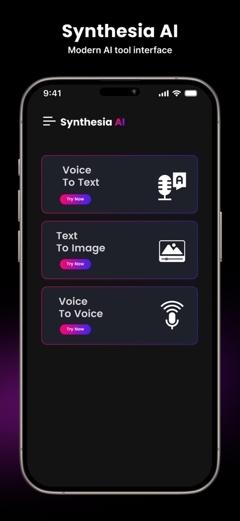 Synthesia AI mobile app dashboard showing features for voice to text text to image and voice to voice conversion