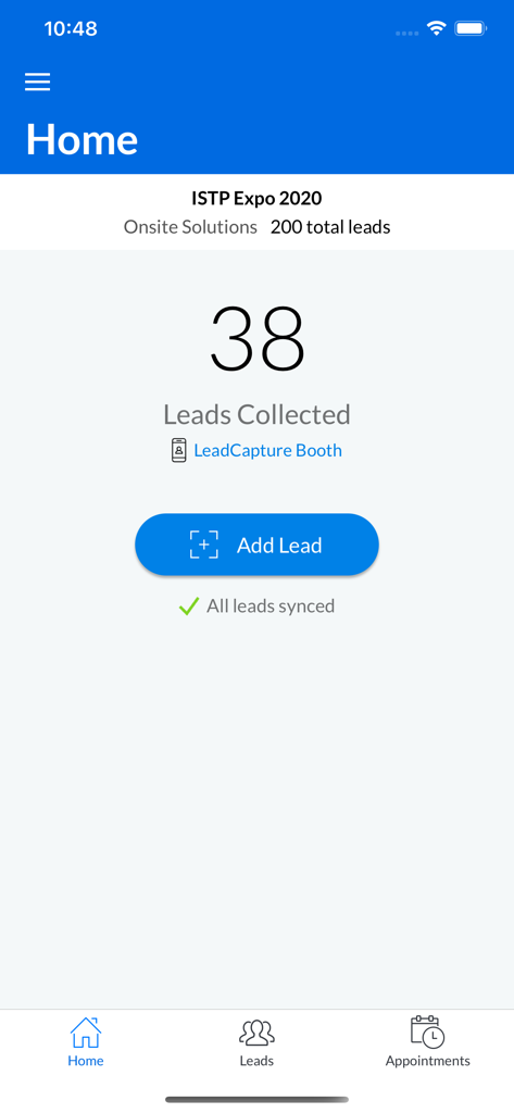 Cvent LeadCapture - Cvent LeadCapture home screen showing 38 leads collected and a button to add a new lead