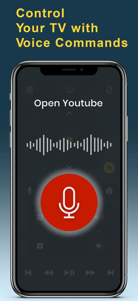 Smartphone screen showing the voice command feature of the Universal TV Remote app with a large red microphone icon and audio wave visualization.