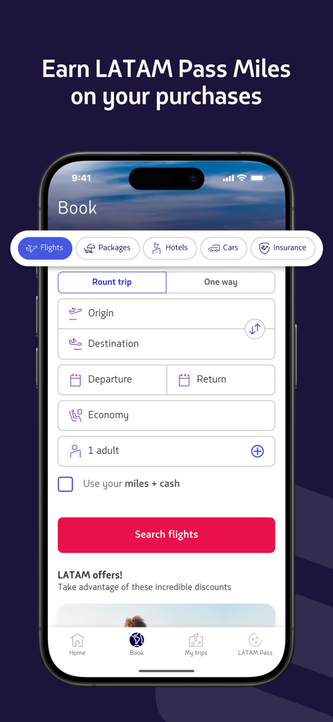 LATAM: Flights, Hotels, Cars - Flight booking interface in the LATAM mobile app showing flight search details and travel options