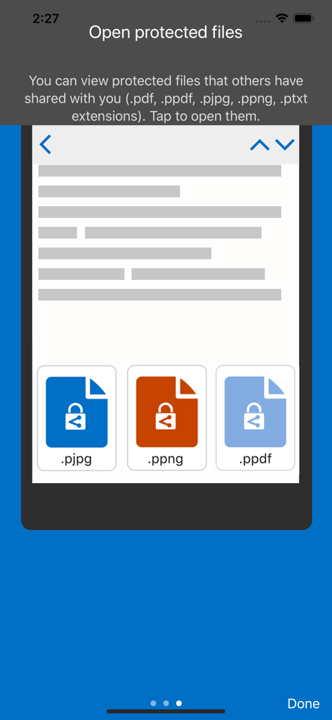 Interface do aplicativo Azure Information Protection mostrando como abrir formatos de arquivo protegidos como pjpg, ppng e ppdf.