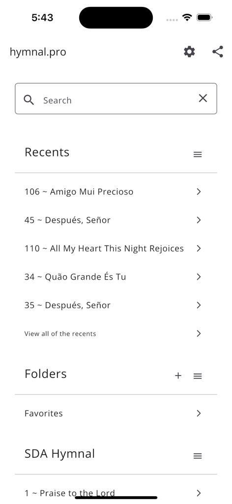 Hymnal Adventist - The home screen of the Hymnal Adventist app showing the search bar and recent hymns in multiple languages.