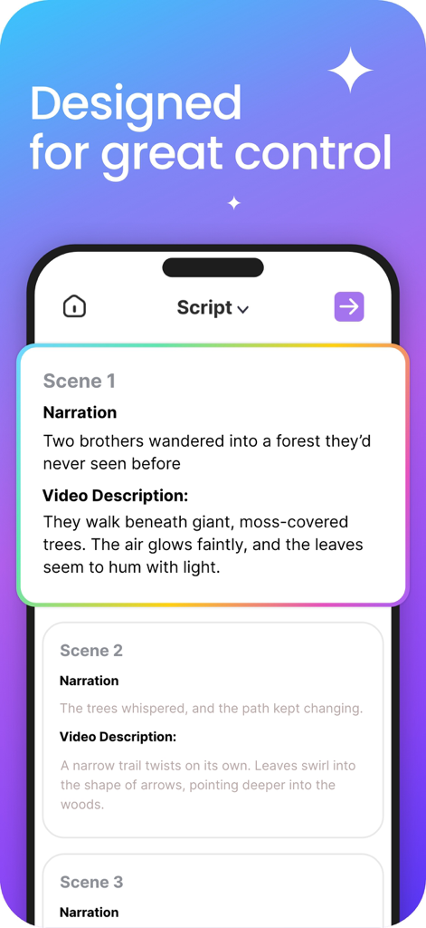 Steve AI: AI Video Generator - Mobile interface showing AI video script editing with scene descriptions and narration for precise content control.