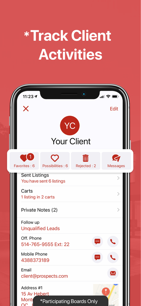 Interface of the Prospects Mobile app showing a real estate client profile with sections for tracked listings, messages, and contact details