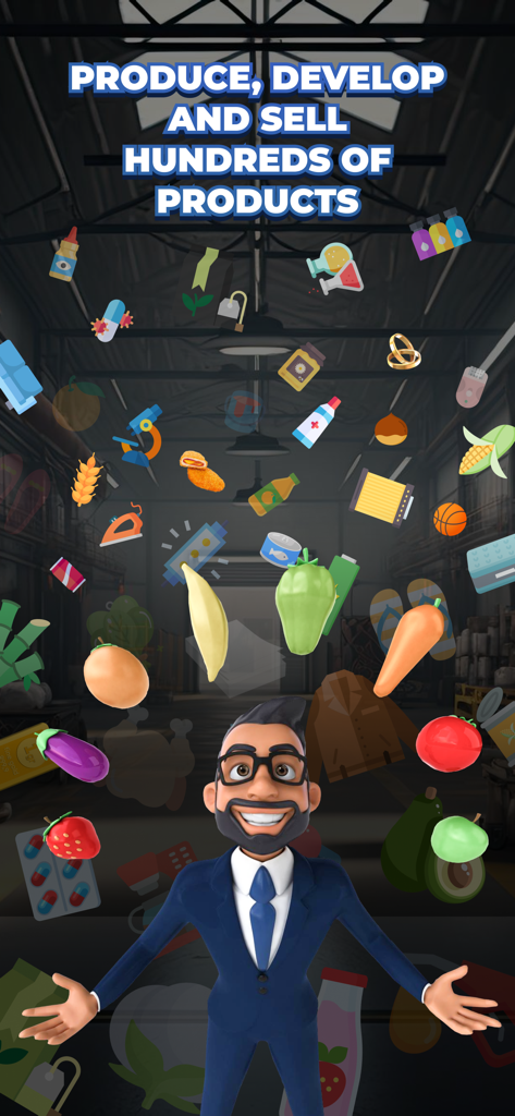 Ticarium: Tycoon & Strategy - A cartoon CEO character surrounded by various trade products including vegetables electronics and medicine for Ticarium Tycoon and Strategy