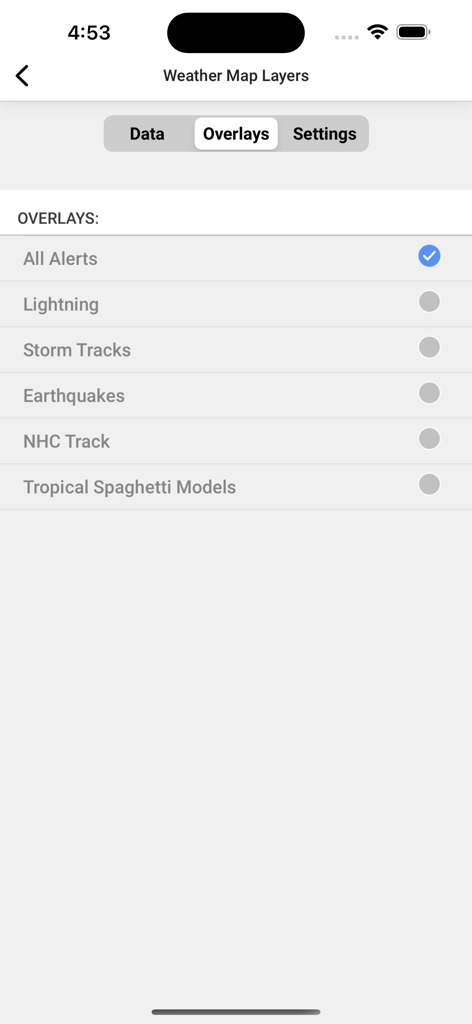 Weather map overlay settings in the WDIV 4Warn app showing alert and storm track options