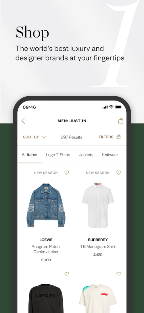 Pantalla de la aplicación Harrods que muestra marcas de diseñadores de lujo para hombres