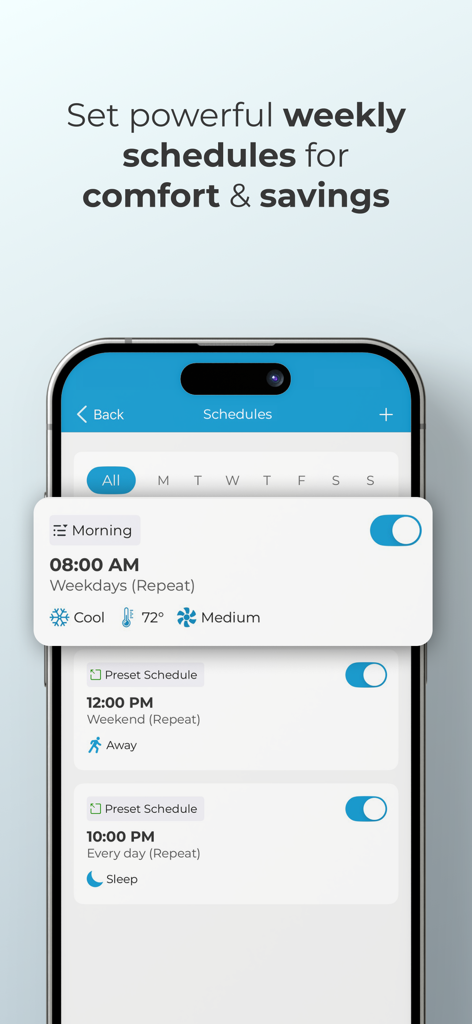 Cielo Home - Interfaz de la aplicación Cielo Home que muestra horarios de termostato para la mañana y fuera de casa para el control semanal de HVAC.