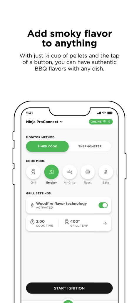 Ninja Pro Connect mobile app interface displaying smoker mode and woodfire flavor settings