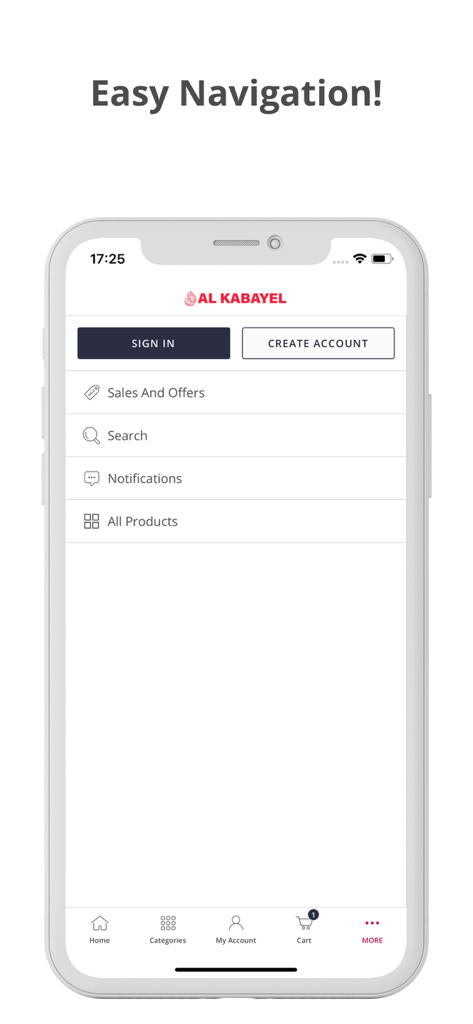 AL KABAYEL - Online Shopping - Al Kabayel shopping app interface showing the easy navigation menu with account and sales options