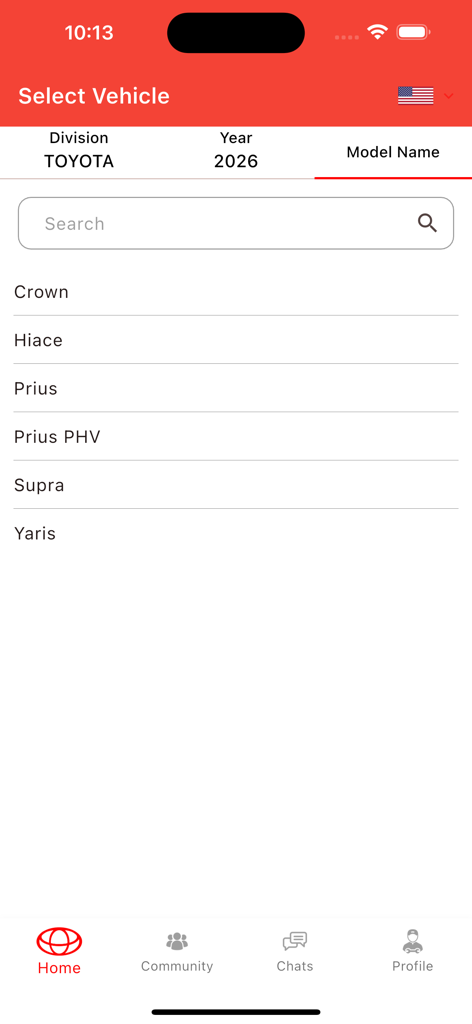 TOYODATA - Toyota vehicle model selection screen in the TOYODATA app