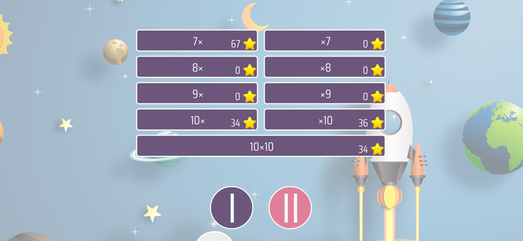 Times Tables 10x10 - Level selection screen for multiplication tables seven through ten with a space theme and star ratings