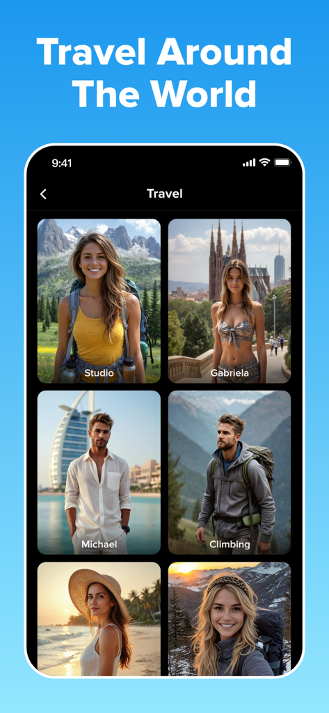 GoPhoto:AI Photo & Video Maker - Mobile app interface displaying multiple AI-generated travel portraits in different global locations