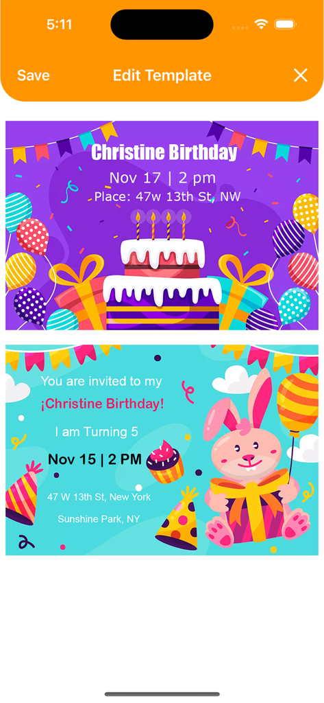 Birthday Invitations Maker - Interface showing colorful birthday invitation templates for a 5th birthday party